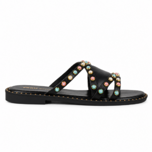 Sandalo Donna Frau Nero in Pelle con Perle Colorate – Art. 05V0