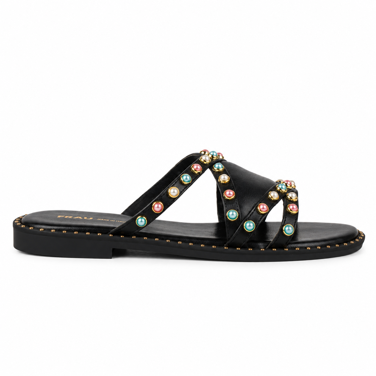 Sandalo Donna Frau Nero in Pelle con Perle Colorate – Art. 05V0
